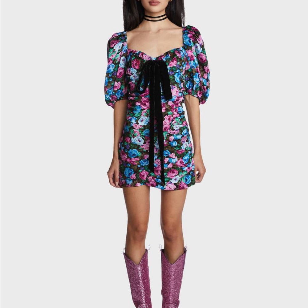 For Love And Lemons Floral Mini Dress with Black Bow
